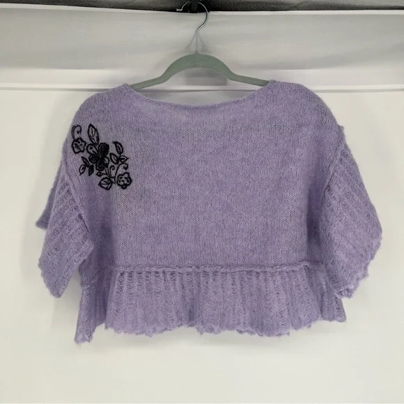 Free People Purple Embroidered Alpaca Blend Cropped Pointelle Knit Sweater S NWT - Picture 10 of 10